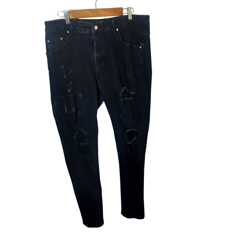 Amiri Mens Distressed Logo Denim Jeans Black Ripped Slim Fit‎ Streetwear 36x34
